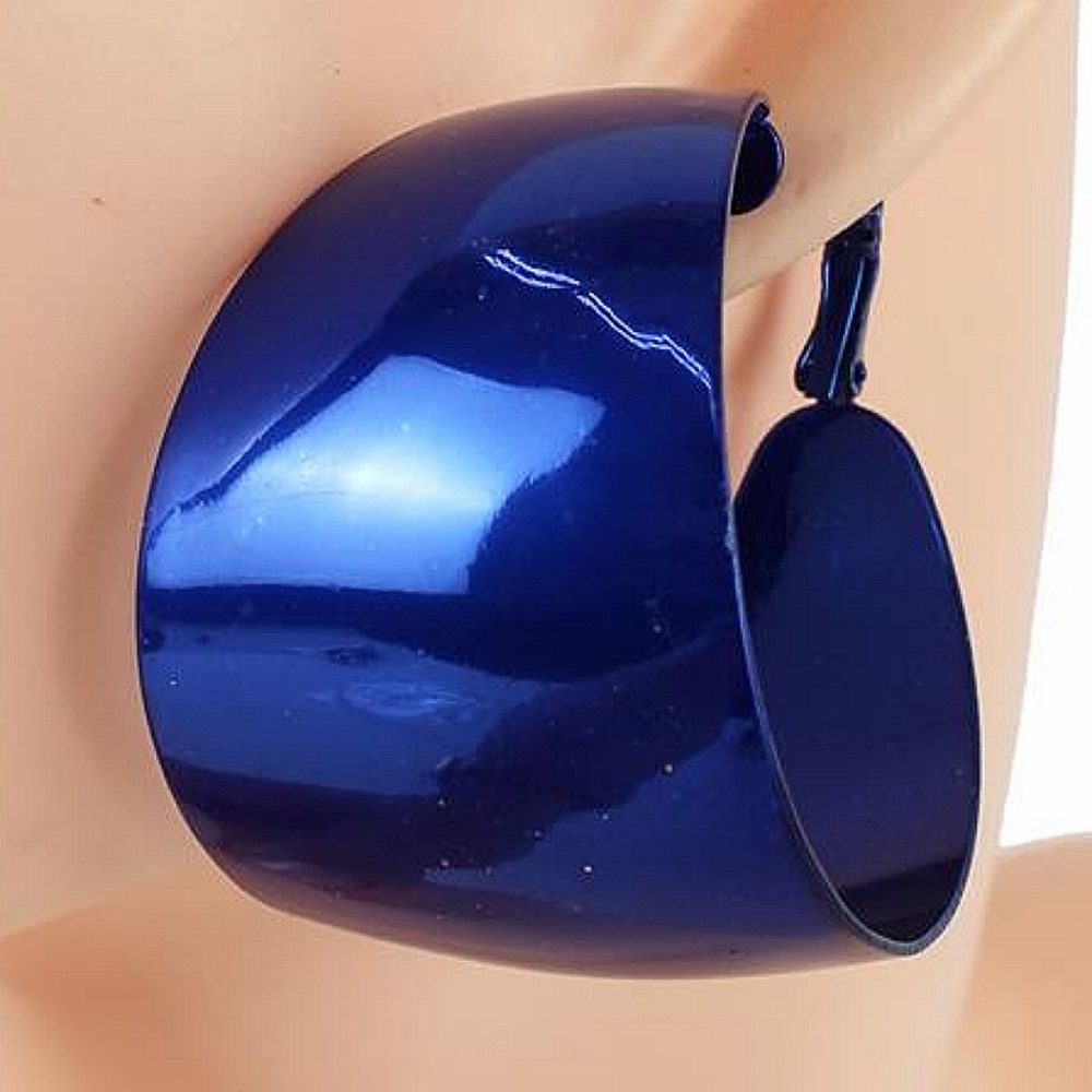 Blue Hoop Earrings Wide Bold 2" Chunky Trend Fashion Statement Accessory - Picture 2 of 2